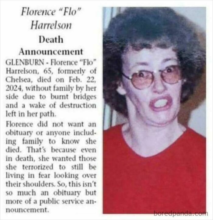 Funny obituary photo with humorous text about Florence "Flo" Harrelson, highlighting unorthodox death announcement.