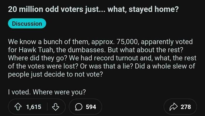 Satirical news discussion about 20 million voters missing, with a comment saying "I voted. Where were you?"