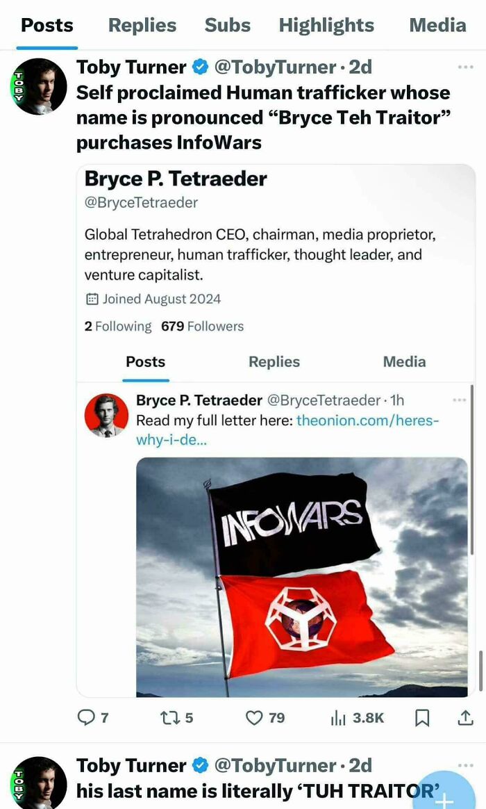 Satirical tweet from Toby Turner featuring fake news about Bryce P. Tetraeder and InfoWars.