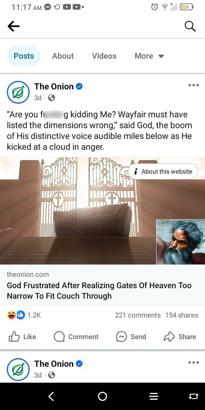 Satirical post from The Onion about God and a couch at heaven's gates, showcasing satirical humor.