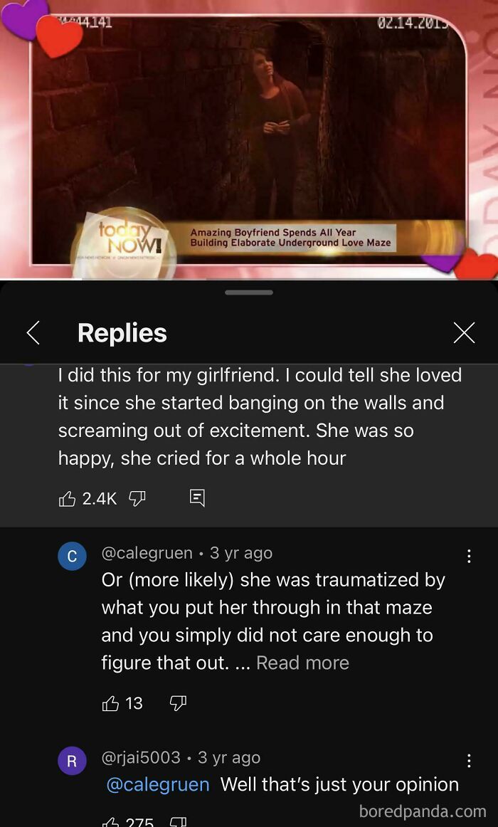 Satirical news headline about boyfriend building an underground love maze with humorous comments below.