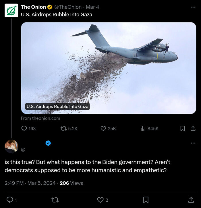 Satirical news headline: U.S. airdrops rubble into Gaza, sparking online reactions.