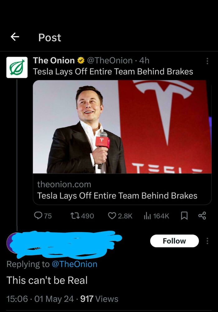 A man speaks at an event; the headline reads, "Tesla Lays Off Entire Team Behind Brakes." A comment says, "This can't be real."