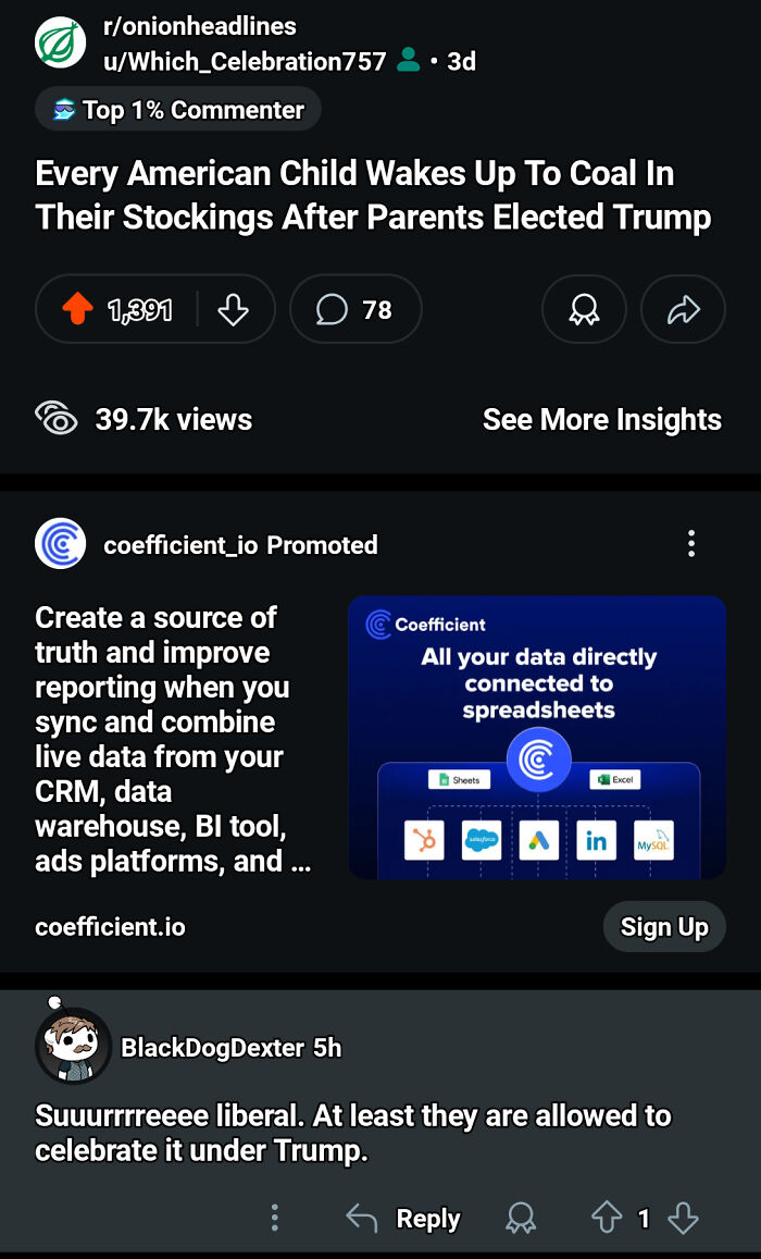 Satirical post about children finding coal in stockings after Trump's election, with user comments and promoted content below.