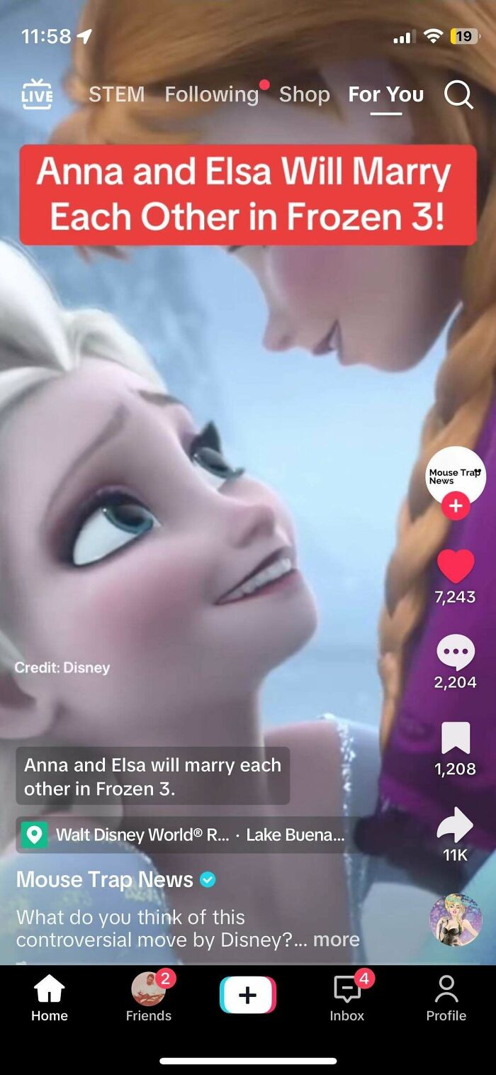 Frozen characters Anna and Elsa in satirical news headline about them marrying in Frozen 3.