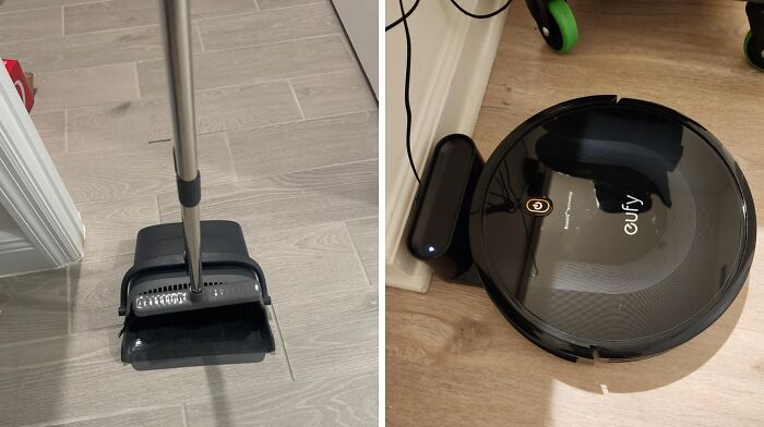 Old school broom and new school robot vacuum on a wooden floor.