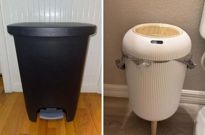 Old school black trash bin vs. modern white bin with lid, exemplifying design evolution in waste receptacles.
