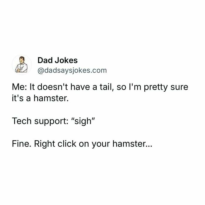 Dad joke about tech support misunderstanding: "Right click on your hamster."