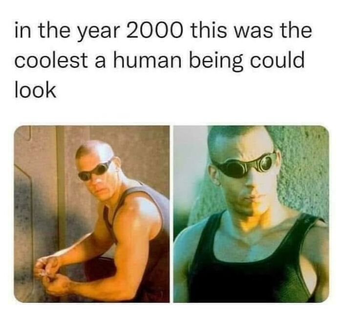 Man in the 2000s wearing a sleeveless top and unique sunglasses, embodying nostalgic 2000s fashion style.