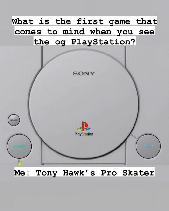 2000s nostalgia with an original PlayStation console, evoking memories of Tony Hawk’s Pro Skater game.