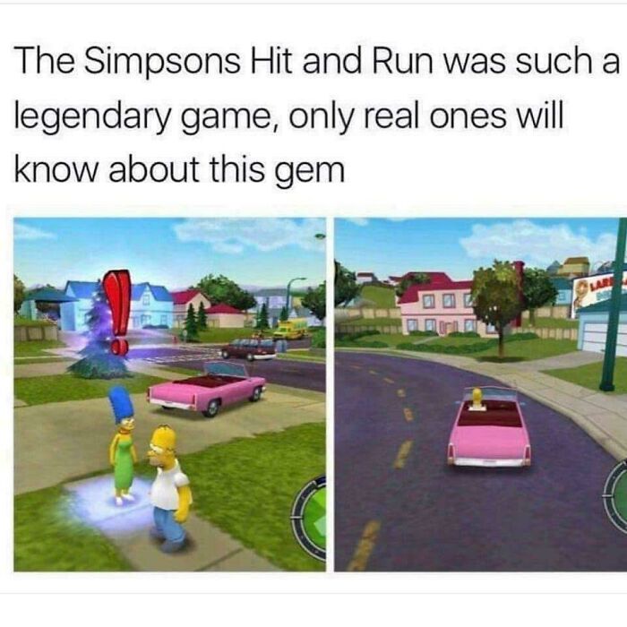 Screenshot of "The Simpsons: Hit and Run" game from the 2000s, featuring Homer and Marge near a pink car.