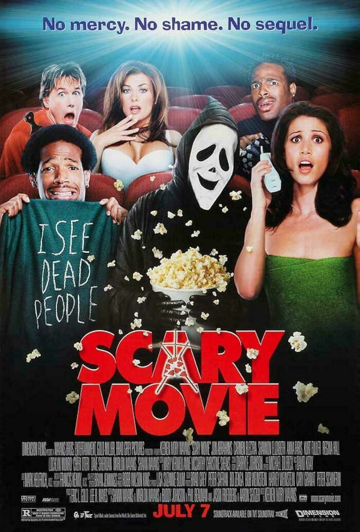 Scary Movie poster featuring characters from the 2000s sitting in a theater with popcorn.