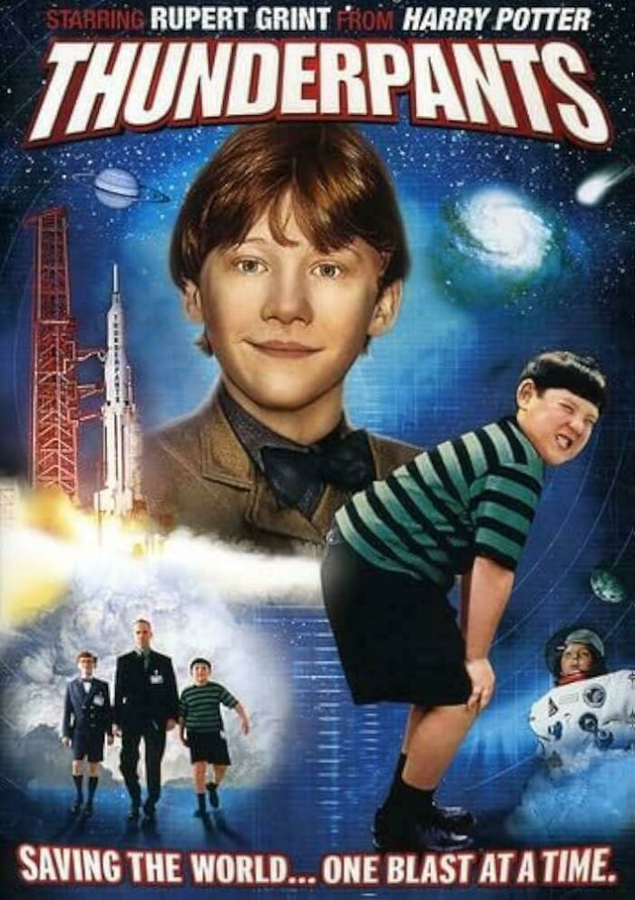 Movie poster of Thunderpants with young boys in space background highlighting questionable movie details mocked by cinephiles online.