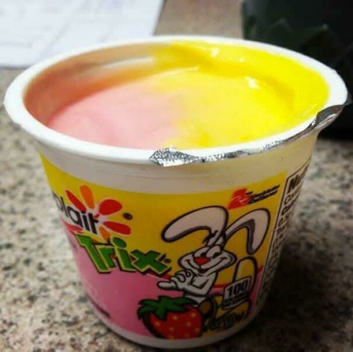 Trix yogurt container with strawberry flavor from the 2000s, featuring the iconic rabbit mascot on the label.