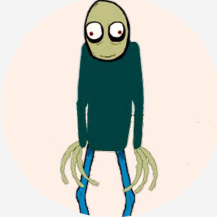 Cartoon character with a green face and big eyes, wearing a dark sweater and blue pants, depicting 2000s nostalgia.