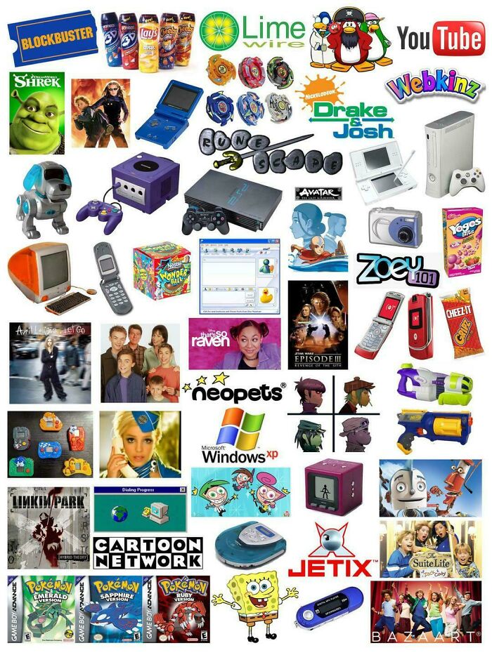2000s nostalgic collage featuring iconic media, gadgets, and snacks like Game Boy, Shrek, Windows XP, and Blockbuster.