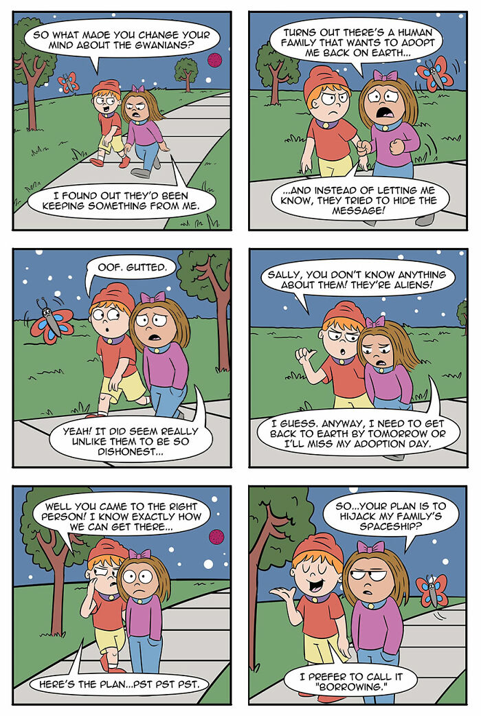 Comic strip where aliens secretly plan to adopt humans as pets, featuring two characters in dialogue. Comic strip where aliens secretly plan to adopt humans as pets, featuring two characters in dialogue.