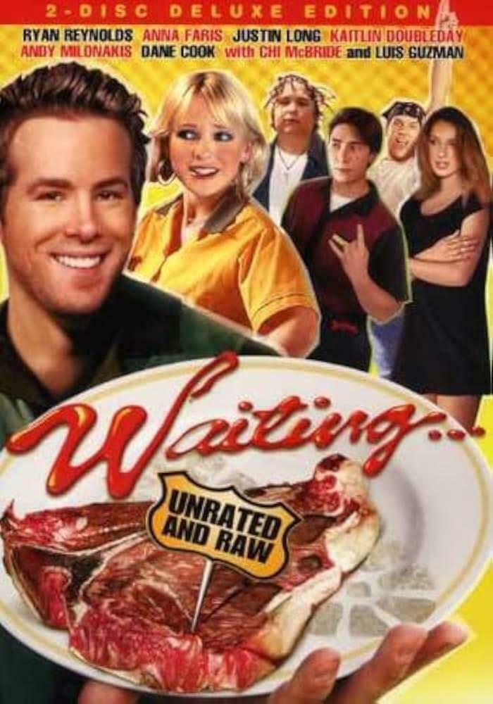 DVD cover of the 2000s movie "Waiting...", featuring main cast members with a plate of steak labeled "unrated and raw."
