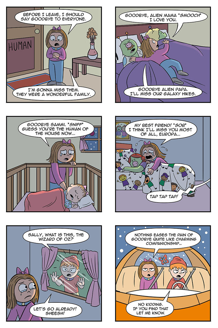 Comic strip by artist exploring aliens adopting humans as pets, showing emotional goodbyes between a girl and alien family. Comic strip by artist exploring aliens adopting humans as pets, showing emotional goodbyes between a girl and alien family.