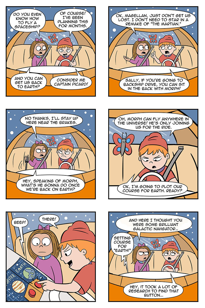 Comic strip depicting aliens adopting humans as pets, featuring characters navigating a spaceship with humorous dialogue. Comic strip depicting aliens adopting humans as pets, featuring characters navigating a spaceship with humorous dialogue.