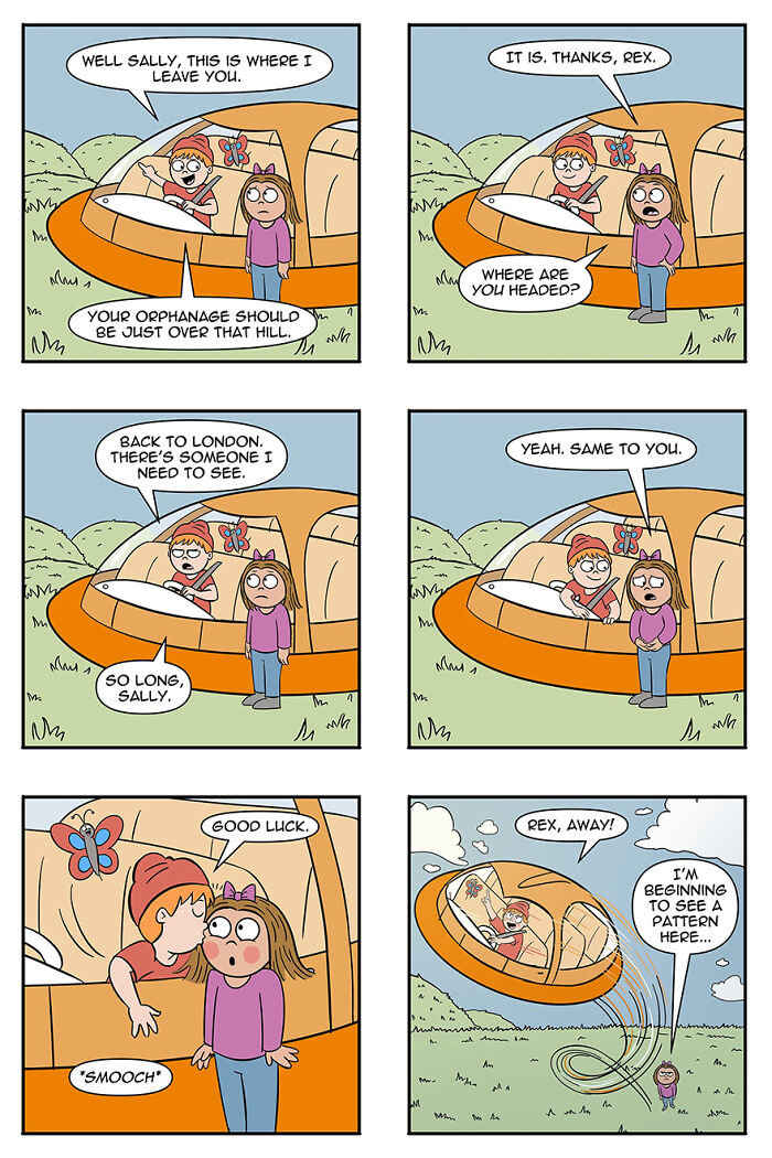 Comic strip illustrating aliens adopting humans as pets, featuring a girl and a boy in a spaceship saying goodbye. Comic strip illustrating aliens adopting humans as pets, featuring a girl and a boy in a spaceship saying goodbye.