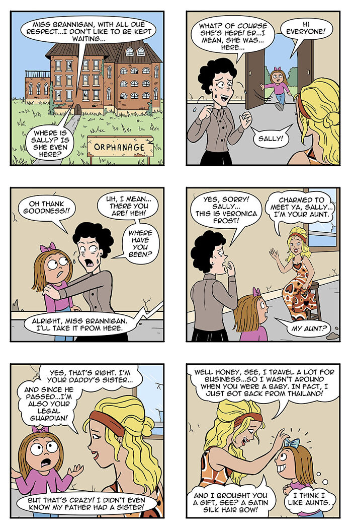 Comic featuring aliens adopting humans as pets; scenes in an orphanage with characters meeting and discussing guardianship. Comic featuring aliens adopting humans as pets; scenes in an orphanage with characters meeting and discussing guardianship.