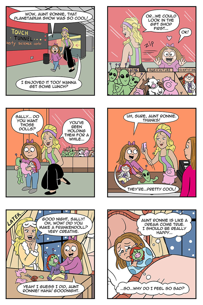 Comic strip illustrating aliens adopting humans as pets, by this artist. Comic strip illustrating aliens adopting humans as pets, by this artist.