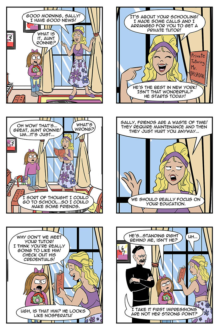 Comic strip featuring an alien tutor visiting a family; humorous take on aliens adopting humans as pets. Comic strip featuring an alien tutor visiting a family; humorous take on aliens adopting humans as pets.