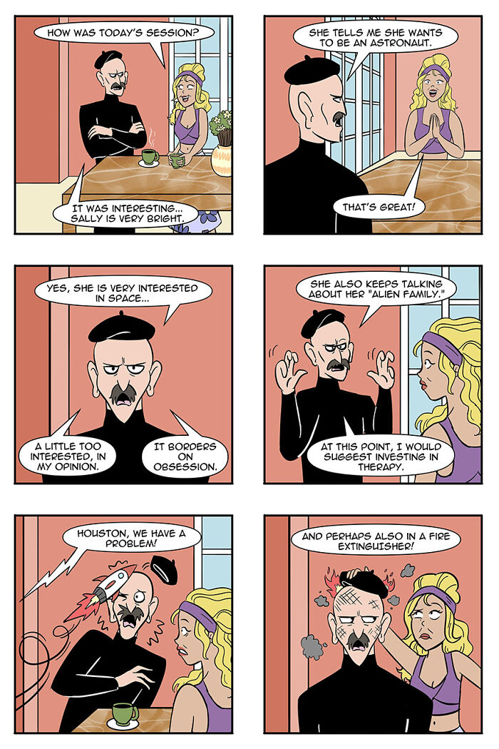 Comic strip depicting aliens adopting humans as pets, with characters discussing space interest and obsession. Comic strip depicting aliens adopting humans as pets, with characters discussing space interest and obsession.