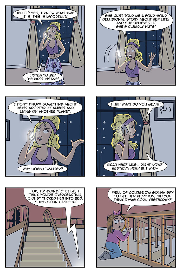 Comic scene exploring humans adopted by aliens as pets; woman on phone discussing kid's strange story. Comic scene exploring humans adopted by aliens as pets; woman on phone discussing kid's strange story.