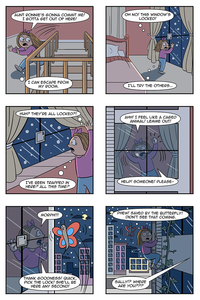 Comic strip of a girl trying to escape from a room, feeling like a caged animal, and being saved by a butterfly. Comic strip of a girl trying to escape from a room, feeling like a caged animal, and being saved by a butterfly.