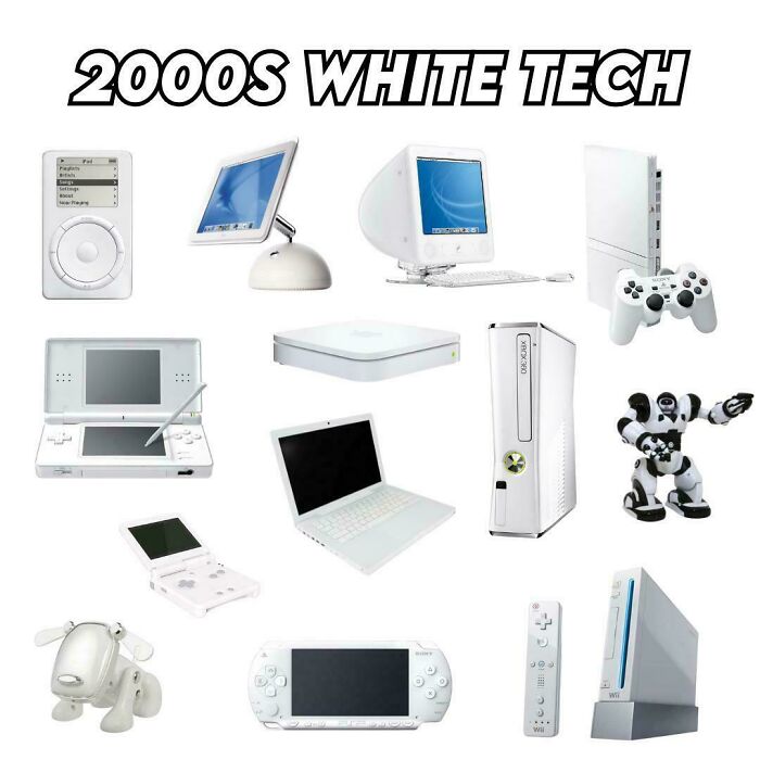 2000s nostalgic tech collection featuring gadgets like iPod, gaming consoles, and early computers.