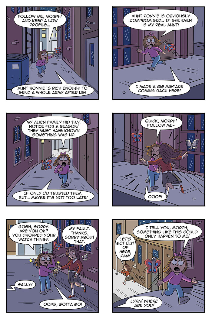 Comic scene depicting aliens adopting humans as pets, featuring two characters running through an alleyway. Comic scene depicting aliens adopting humans as pets, featuring two characters running through an alleyway.