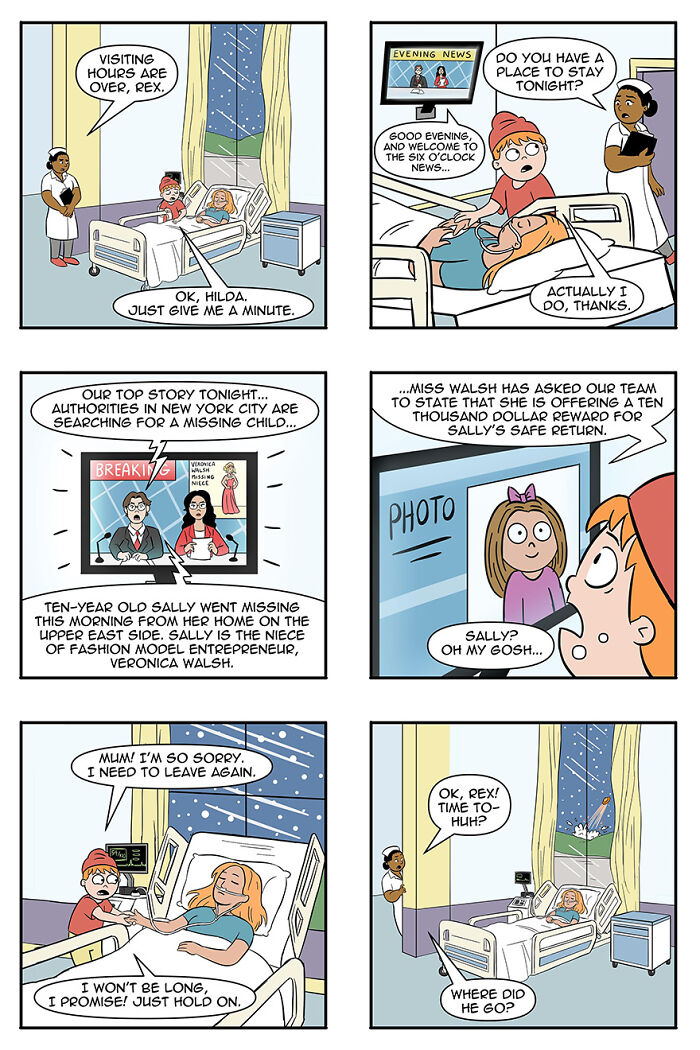 Comic strip featuring aliens adopting humans, with characters in a hospital room and a missing child news broadcast on TV. Comic strip featuring aliens adopting humans, with characters in a hospital room and a missing child news broadcast on TV.