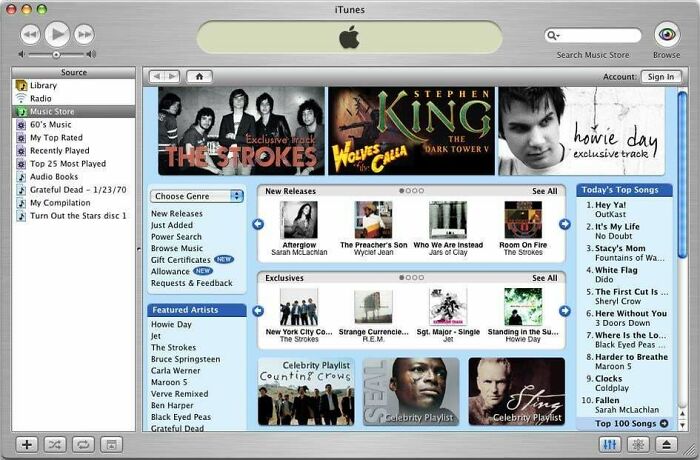 iTunes interface from the 2000s featuring The Strokes and Stephen King, displaying nostalgic music options and playlists.