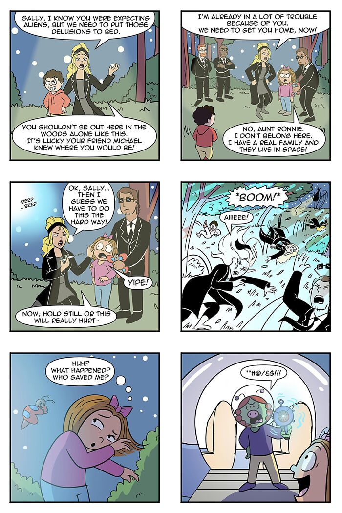 Comic strip depicting a story where aliens adopt humans as pets, featuring characters in a forest and a spaceship. Comic strip depicting a story where aliens adopt humans as pets, featuring characters in a forest and a spaceship.