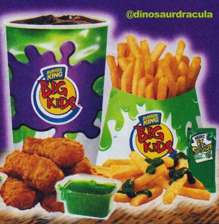 Burger King Big Kids meal with fries, nuggets, and Heinz green ketchup, evoking 2000s nostalgia.