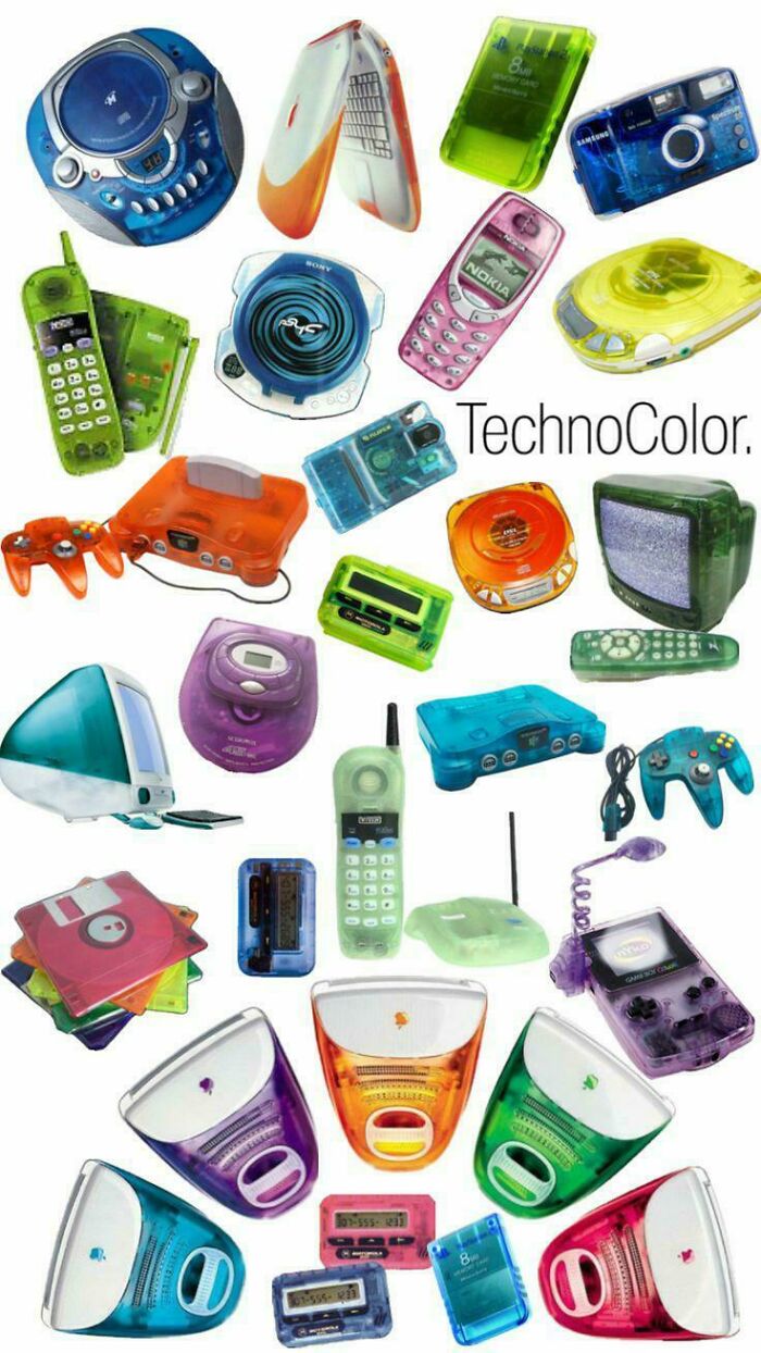 Colorful 2000s gadgets, including phones, iMacs, and game devices, evoke nostalgic memories of early tech trends.