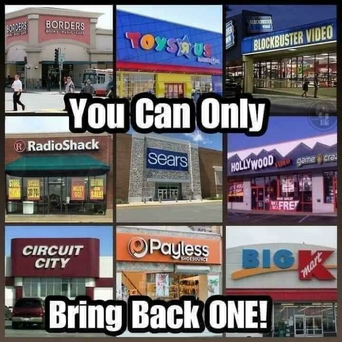 Collage of nostalgic 2000s stores including Borders, Toys R Us, Blockbuster, and RadioShack with a choice prompt.
