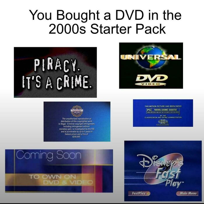 Compilation of DVD warnings and logos from the 2000s, including piracy notice and Disney's Fast Play.
