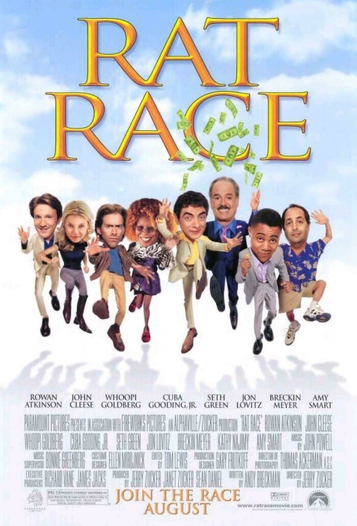 Nostalgic movie poster featuring the cast of "Rat Race" with characters running and dollar bills flying.