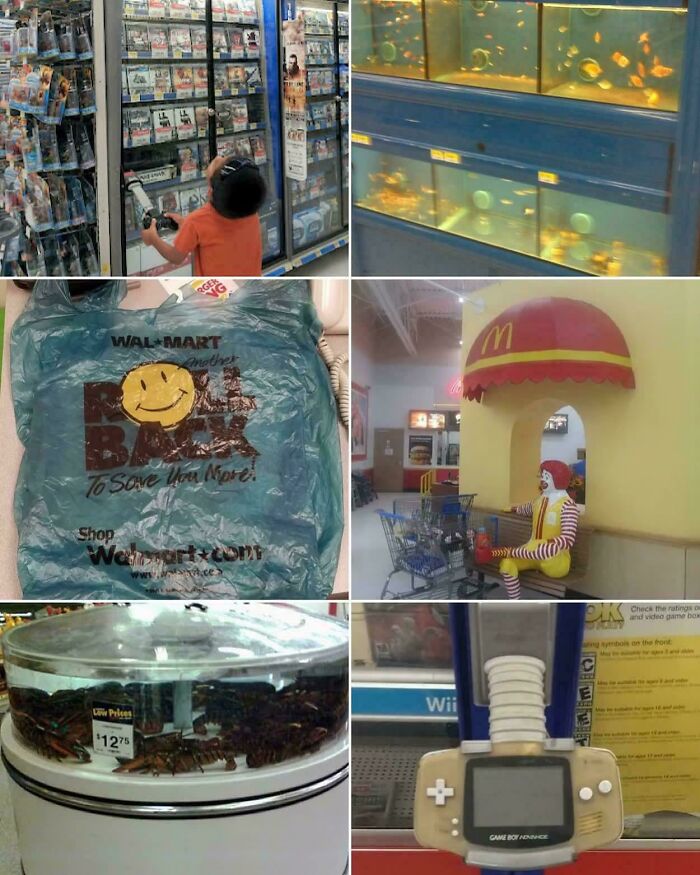 Collage of nostalgic 2000s images: DVDs, fish tanks, Walmart bag, McDonald's, lobster tank, and Game Boy.