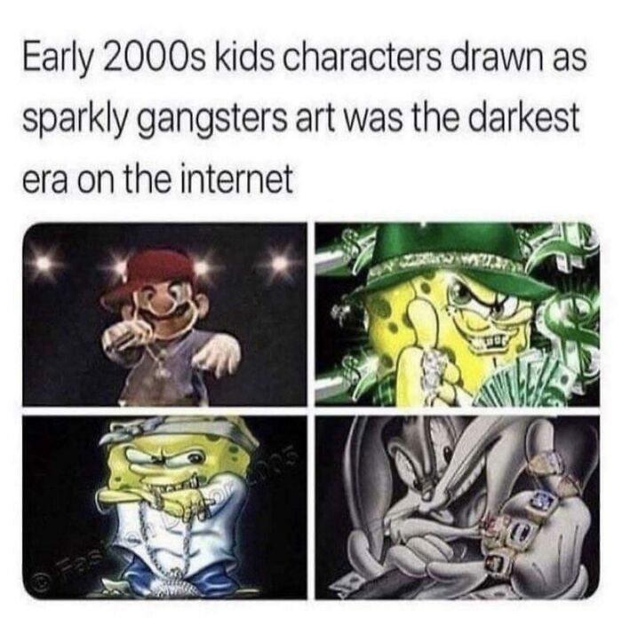 Sparkly art of 2000s cartoon characters styled as gangsters, reflecting nostalgic internet trends.