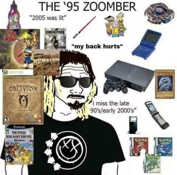 Illustration of 2000s nostalgia with games, gadgets, and music albums.