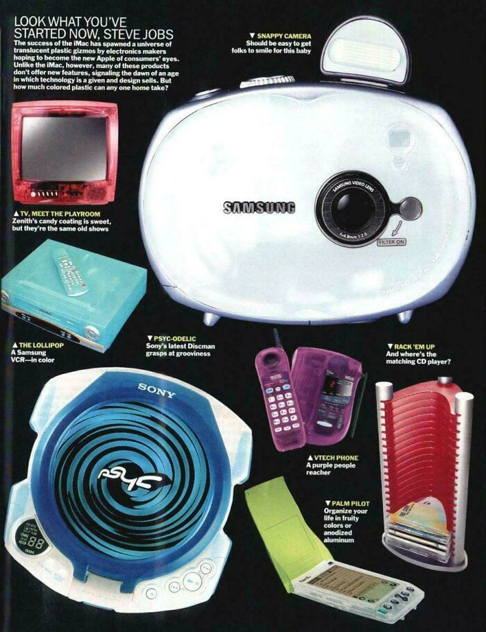 Nostalgic 2000s gadgets like a Samsung camera, Sony Discman, and colorful electronics evoke core memories.