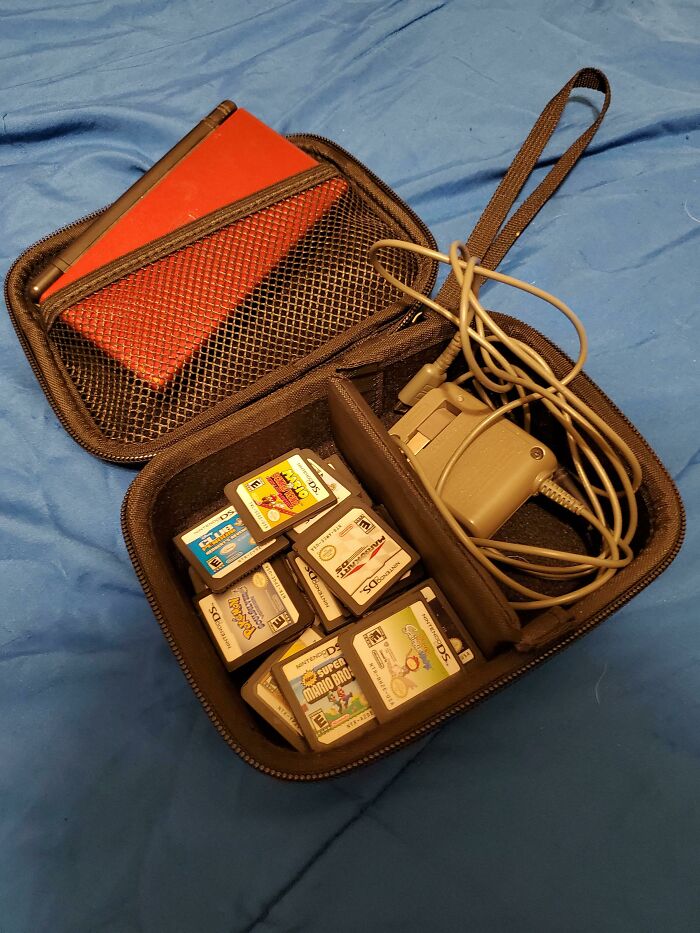 Nintendo DS in a case with game cartridges and charger, evoking 2000s nostalgia.
