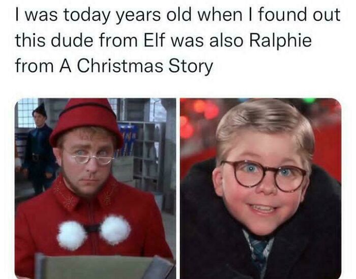 Two side-by-side images: a man from Elf and a child from A Christmas Story, showing nostalgic 2000s connections.