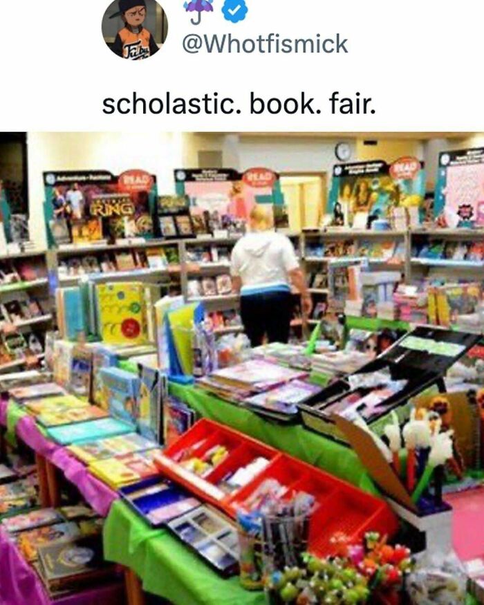 2000s nostalgia: a crowded scholastic book fair with colorful displays and books.