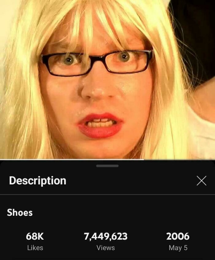 Person with blonde wig and glasses, surprised expression, from a 2000s viral video with 7 million views and 68K likes.