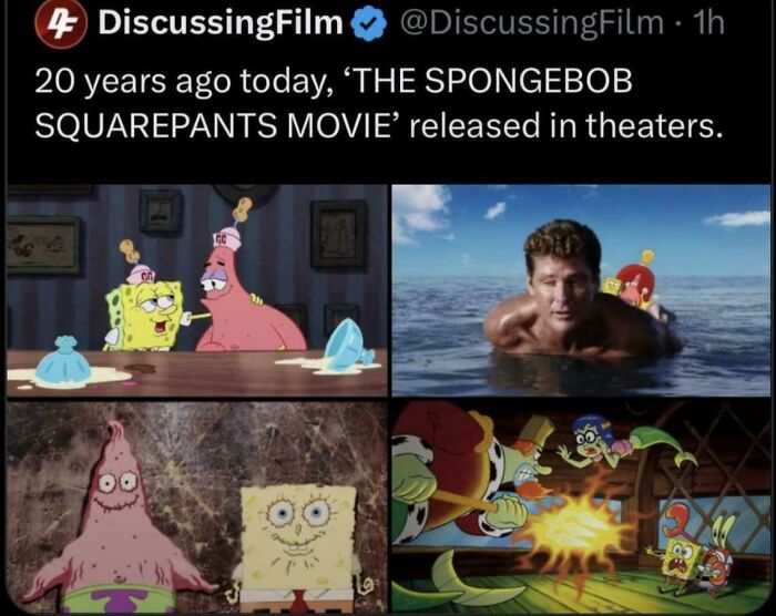 Collage of scenes from The SpongeBob SquarePants Movie highlighting nostalgic 2000s moments.